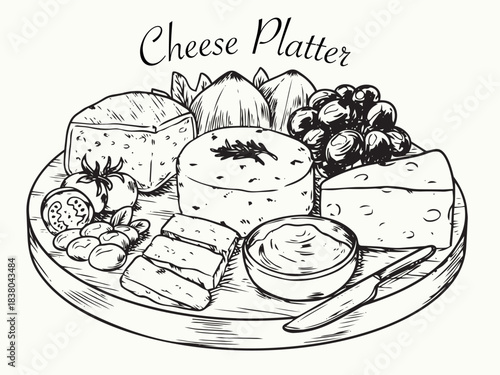 Hand drawn cheese platter board outline drawing illustration