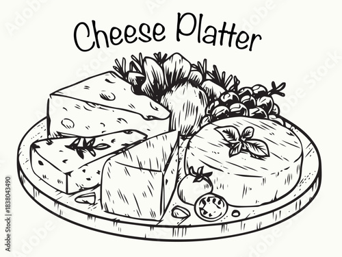 Hand drawn cheese platter board outline drawing illustration