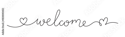 Welcome handwritten phrase with smooth lines and heart shapes. Calligraphy continuous line usable for invitation, greeting, meeting or reception. Vector illustration.