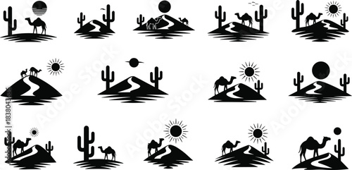 Desert landscape with camels and cacti under sun and moon icons cactus