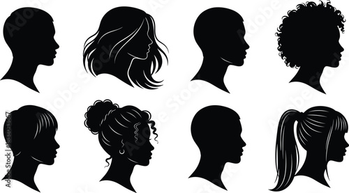 Eight Black Silhouettes of Diverse Human Heads and Hairstyles Facing Right profile