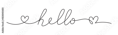 Hello handwritten phrase with smooth lines and heart shapes. Calligraphy continuous line usable for greeting or meeting. Vector illustration.