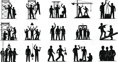 Collection of Silhouettes of Construction Workers Performing Various Tasks with Tools and Scaffolding