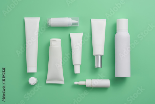 Assortment of blank white cosmetic tubes and bottles on green background displayed neatly
