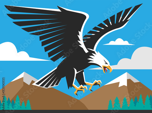 Eagle on the background of two mountains and clouds, black eagle on a blue sky background..