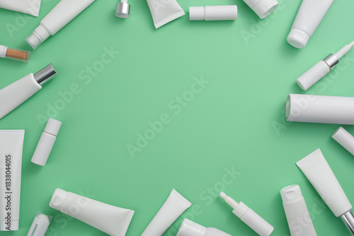 Assortment of blank white cosmetic tubes and bottles on light green backdrop