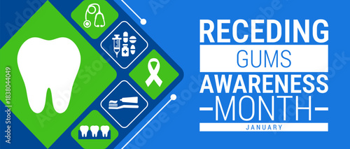 Receding Gums Awareness Month background, banner, card or poster design template is observed every year during January, to raise awareness about the mission. Vector illustration.