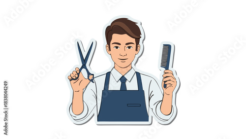 Man Barber Holding Scissors And Comb Ready To Cut Hair Professional Hairdresser In Apron And Shirt With Tie Dark Blue Background