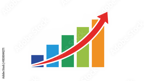 Increasing Bar Chart With Red Arrow Showing Upward Trend On White Background With Black Outline
