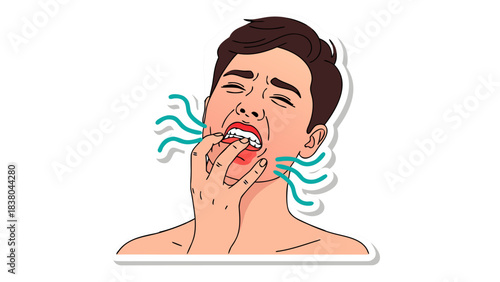 Man Grimacing With Hand Covering Mouth Showing Discomfort and Bad Breath With Blue Swirls Emanating From His Open Mouth Against A Black Background Isolated Sticker Style Illustration