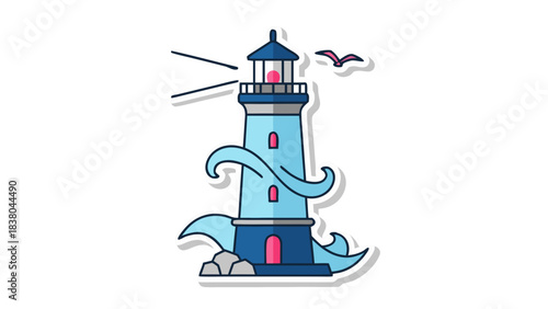 Light Blue Lighthouse Surrounded by Stylized Blue Waves with a Small Bird Flying Nearby on a Black Background