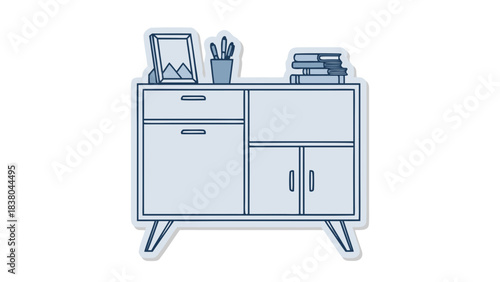 Light Blue Line Art Illustration of a Mid Century Modern Sideboard with Decorative Items Including a Picture Frame Pencil Holder and Stacked Books Against a White Background