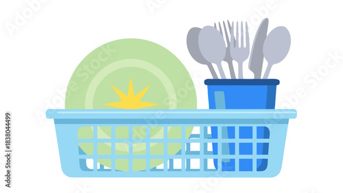 Light Blue Plastic Dish Rack Holding A Green Plate And A Set Of Silverware With A Blue Utensil Holder In A Simple Minimalist Style On A White Background