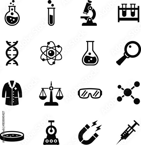 Science and laboratory equipment, black and white educational vector image