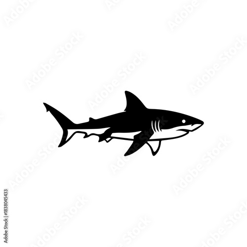 A sleek, powerful black vector silhouette of a great white shark swimming horizontally, showcasing its iconic fin and menacing profile. This dynamic design is perfect for themes of danger and strength