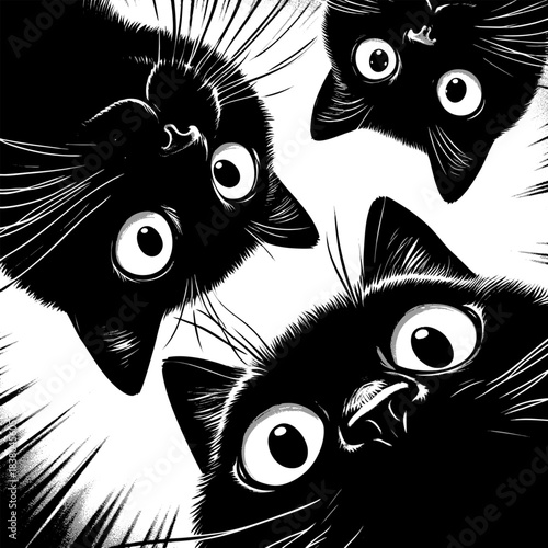 Adorable group of curious black cats with big eyes peering downward sketch engraving generative ai fictional character vector illustration. Scratch board imitation. Black and white image.
