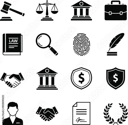 Legal icons depicting justice, law, business, and security concepts.
