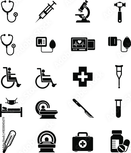 Comprehensive Medical Icon Set: Healthcare Symbols in Black and White Style