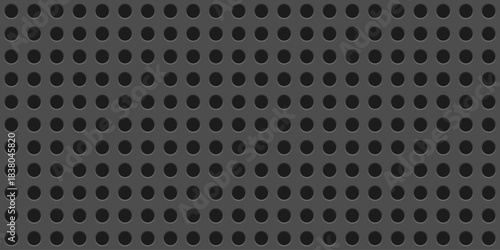 Dark grey perforated metal plate with circular holes. Realistic iron grill with 3d dot holes. Circle mesh backdrop forming a modern industrial pattern. Steel speaker grid. Vector illustration