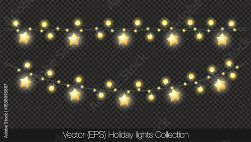 Charming Holiday lights set with glowing stars, yellow light bulbs and twinkles, isolated on transparent background. Decorative orange string lights with twinkle