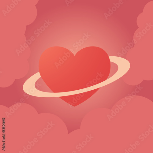 Heart planet illustration. Large candy-heart form. Soft single ring detail. Pink nebula background. Minimal valentine cosmic theme.