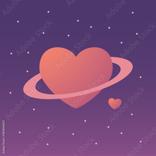 Heart planet with moon illustration. Main heart form. Small orbiting heart moons. Star detail. Soft purple gradient background. Valentine cosmic composition.