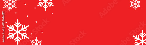 Festive red winter background with white geometric snowflakes and small stars around empty center space, ideal for Christmas greeting cards, holiday banners, web headers, and seasonal promotional desi