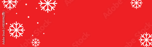 Festive red winter background with white geometric snowflakes and small stars around empty center space, ideal for Christmas greeting cards, holiday banners, web headers, and seasonal promotional desi