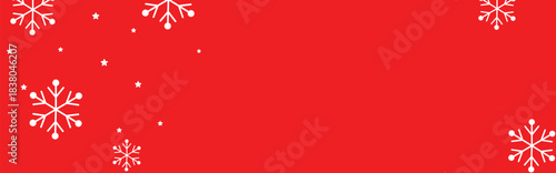 Festive red winter background with white geometric snowflakes and small stars around empty center space, ideal for Christmas greeting cards, holiday banners, web headers, and seasonal promotional desi