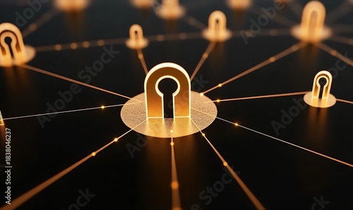 Secure network connection with golden keyhole motif symbolizing global linkage