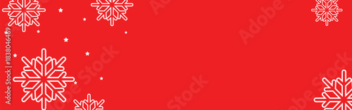 Festive red winter background with white geometric snowflakes and small stars around empty center space, ideal for Christmas greeting cards, holiday banners, web headers, and seasonal promotional desi