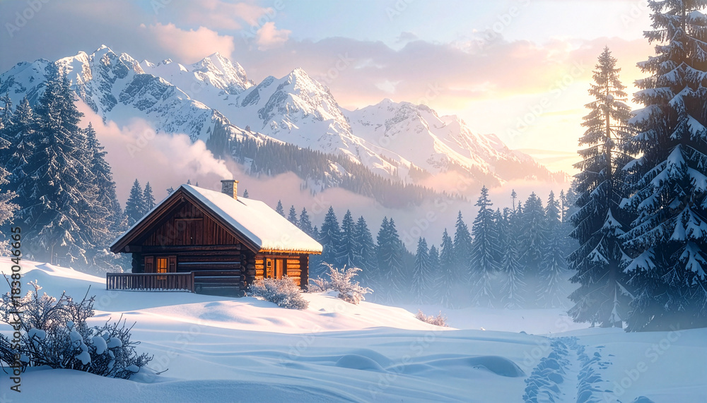 Fototapeta premium Mountain Cabin in Winter Mist