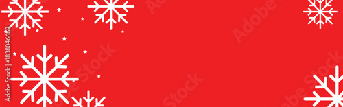 Festive red winter background with white geometric snowflakes and small stars around empty center space, ideal for Christmas greeting cards, holiday banners, web headers, and seasonal promotional desi
