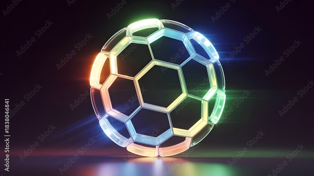 Obraz premium Soccer ball built from layered luminous hexagons – Ideal for sports technology branding, gaming graphics, or abstract geometric design.