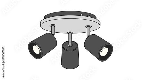 Modern Three-Light Ceiling Spotlight Fixture With Adjustable Dark Gray Cylindrical Heads Mounted On A Round Silver Base Against A Black Background
