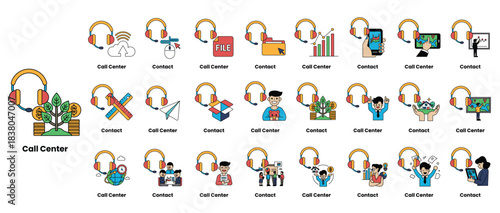 A collection of cartoon images of people wearing headphones and smiling