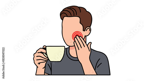 Man Holding a White Mug With One Hand Touching His Red Infected Cheek Experiencing Pain And Discomfort With A Black Background
