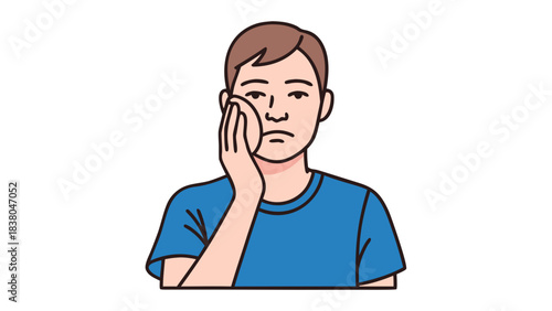 Man Holding Cheek in Pain Showing Toothache Discomfort Expression on Black Background Close Up Portrait Detailed Illustration