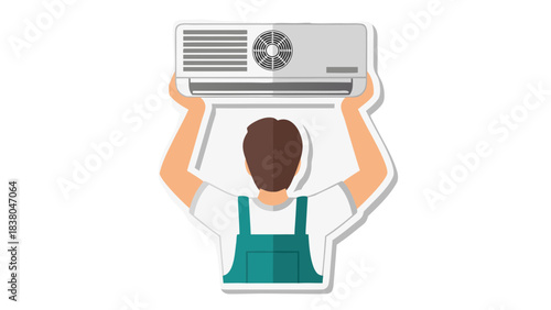 Man Holding Up A Silver Air Conditioner Unit Wearing Blue Overalls And A White Shirt With Brown Hair Against A Transparent Background With A White Border