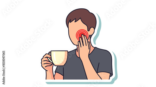 Man Holding White Mug With Handle Showing Red Painful Spot On His Cheek And Jaw In Dark T-shirt