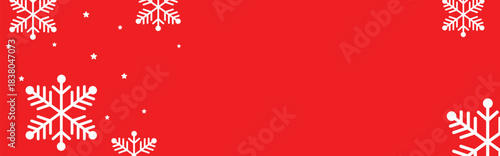 Festive red winter background with white geometric snowflakes and small stars around empty center space, ideal for Christmas greeting cards, holiday banners, web headers, and seasonal promotional desi