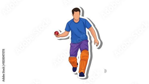 Man in Blue T Shirt Purple Pants and Orange Leg Guards Running with Red Ball Ready to Throw Outdoors