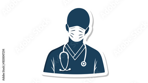 Medical Professional Silhouette Wearing Surgical Mask and Stethoscope Dark Blue Toned Graphic Icon With White Outline Isolated On Black Background Represents Healthcare Worker Career