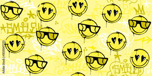 Yellow Abstract Street Art Graffiti Style Happy Smiling Faces Background Template