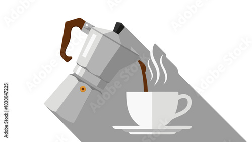 Metal Moka Pot Pouring Hot Black Coffee Into White Ceramic Cup With Steam Rising Against Dark Background Flat Design Style