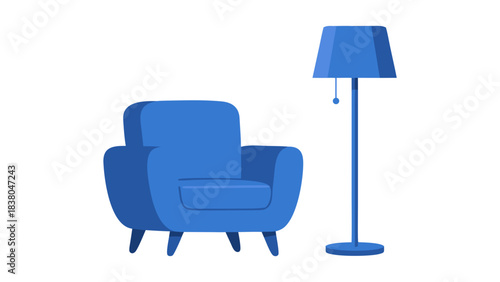 Minimalist Blue Armchair and Floor Lamp Silhouette Against Black Background Simple Modern Furniture Design with Clean Lines and Geometric Shapes Representing Comfort and Ambiance