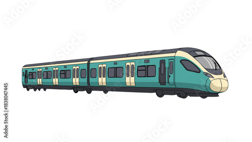 Modern Electric Passenger Train with Teal and Cream Color Scheme on Black Background Illustration