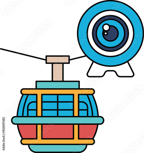A black and white drawing of a cable car with a camera on top of it