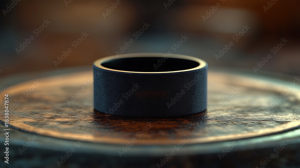 Obraz premium Elegant dark ring on a textured metallic surface exhibiting minimalist design