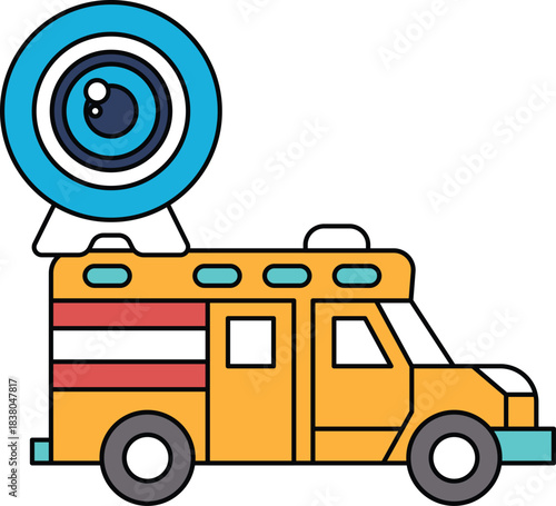 A black and white drawing of a truck with a camera on top